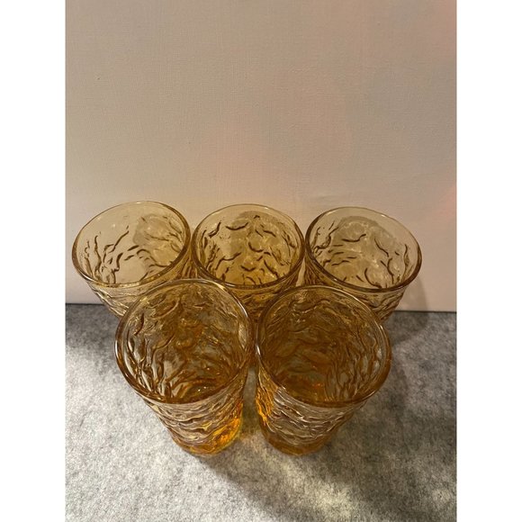 5 Vintage Anchor Hocking Lido Milano Amber Gold 12 oz. Tumblers #1286 - Picture 3 of 3